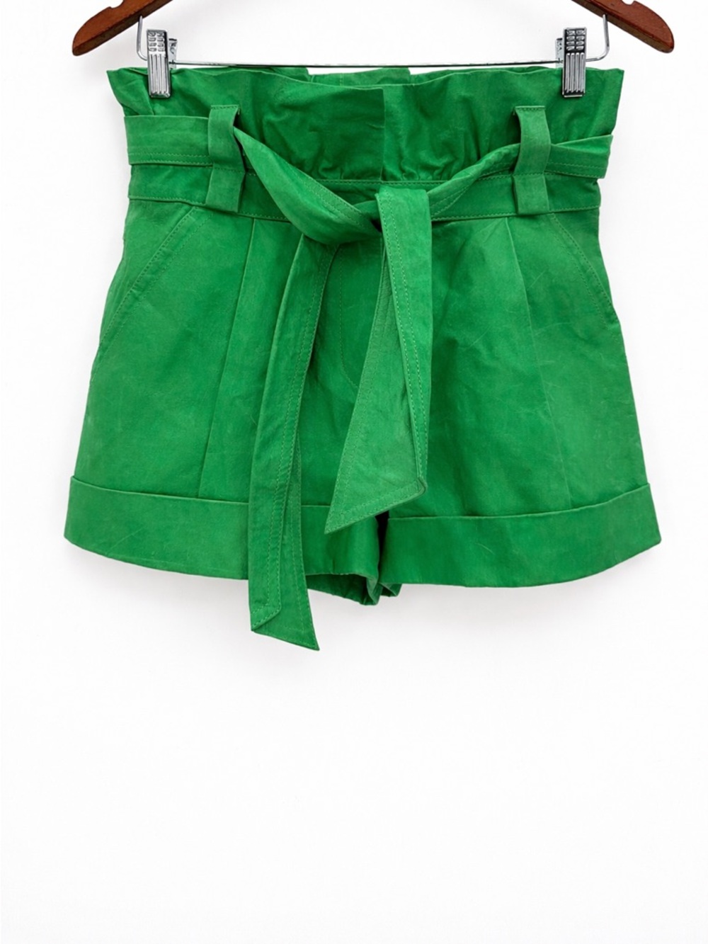 Diane Von Furstenberg Emerald Green High-Waisted Leather Shorts with Tie Belt - Picture 2 of 14